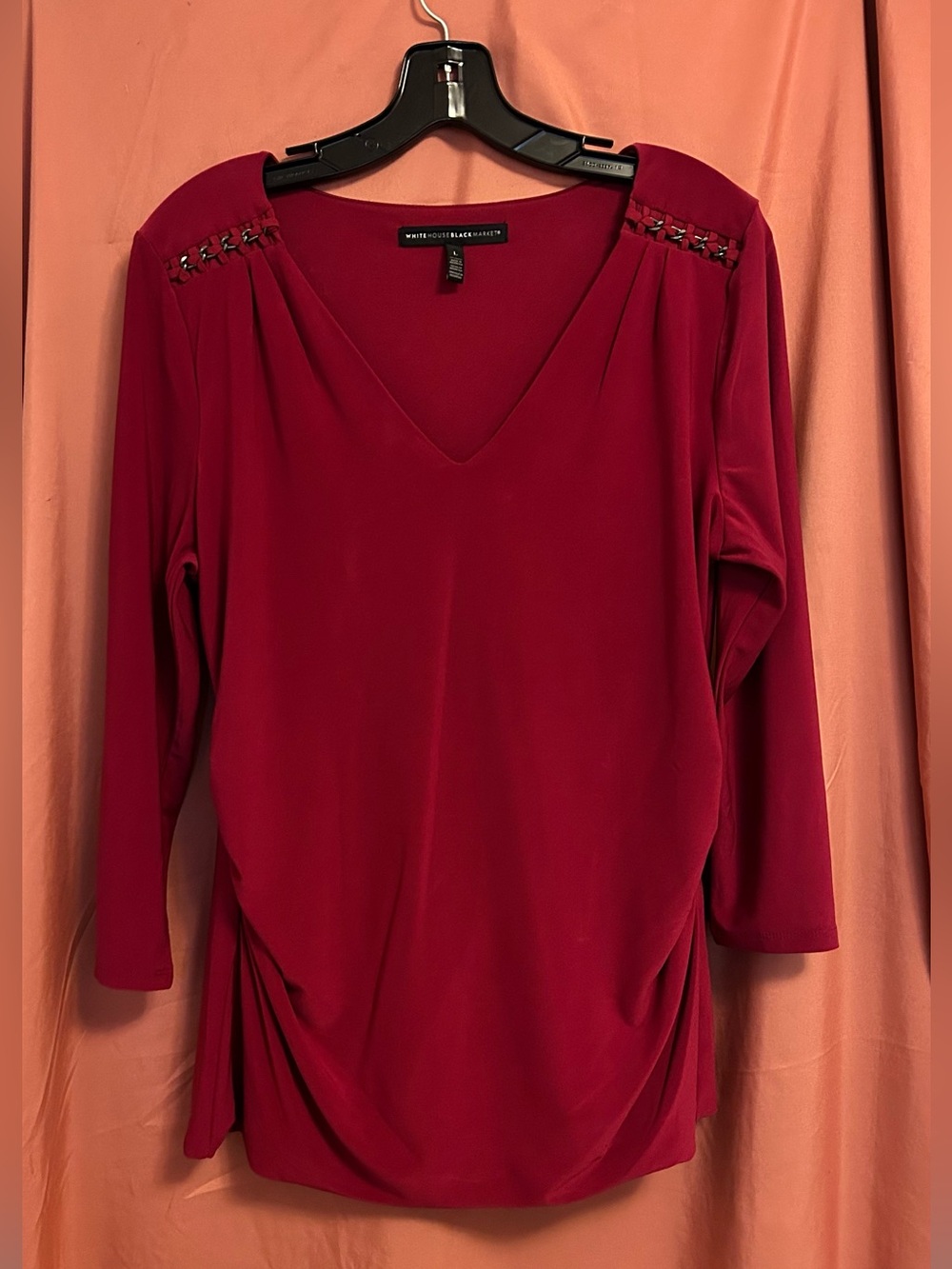 Deep Cranberry Red V-Neck Long Sleeve Top with Shoulder Detail Size: Large